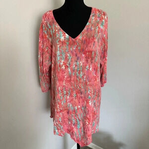 Style&Co Boho Blouse Corals Turquoise Tunic V Neck Size X-Large